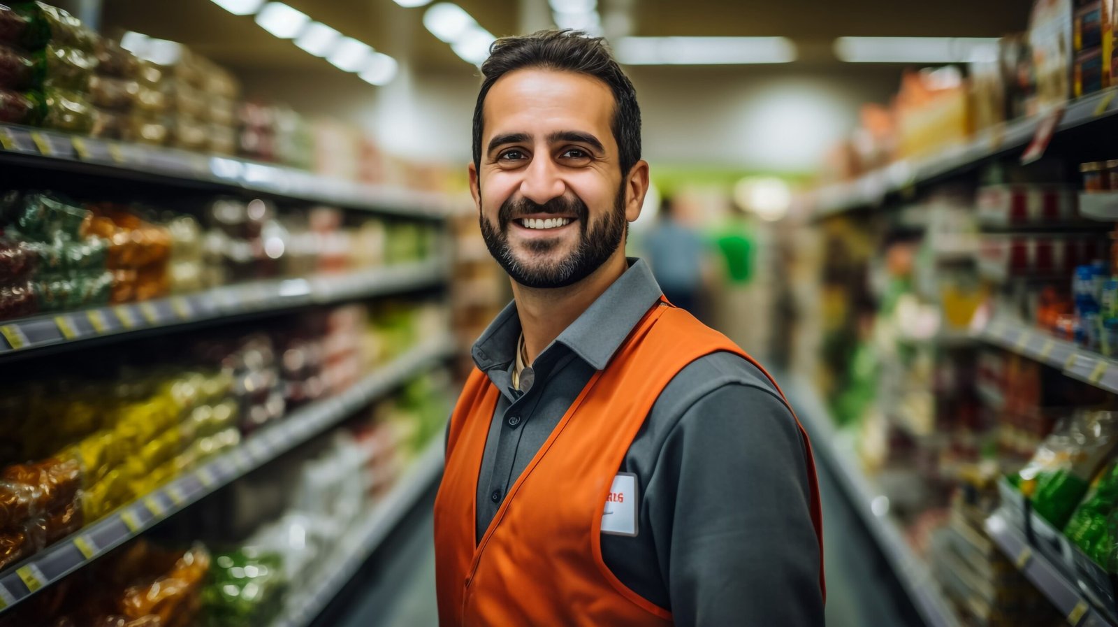 Imagem gerada po IA mostrando um promotor sorridente no ponto de venda